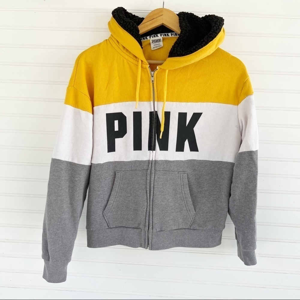 PINK Victoria's Secret Hoodie Small Colorblock‎ Yellow White Grey Sherpa Zip Up